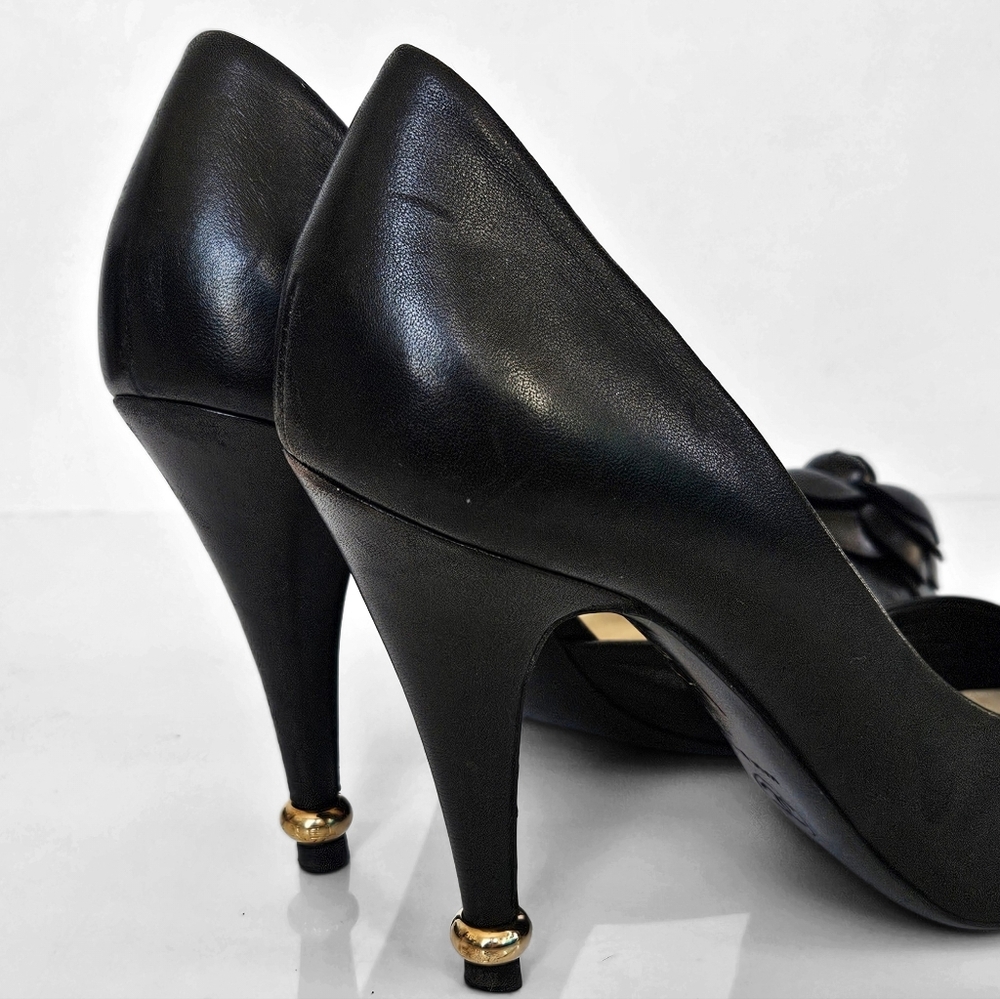Chanel Black Leather Camellia Half-d'Orsay Pumps 3D Floral Size 37 - Picture 9 of 12